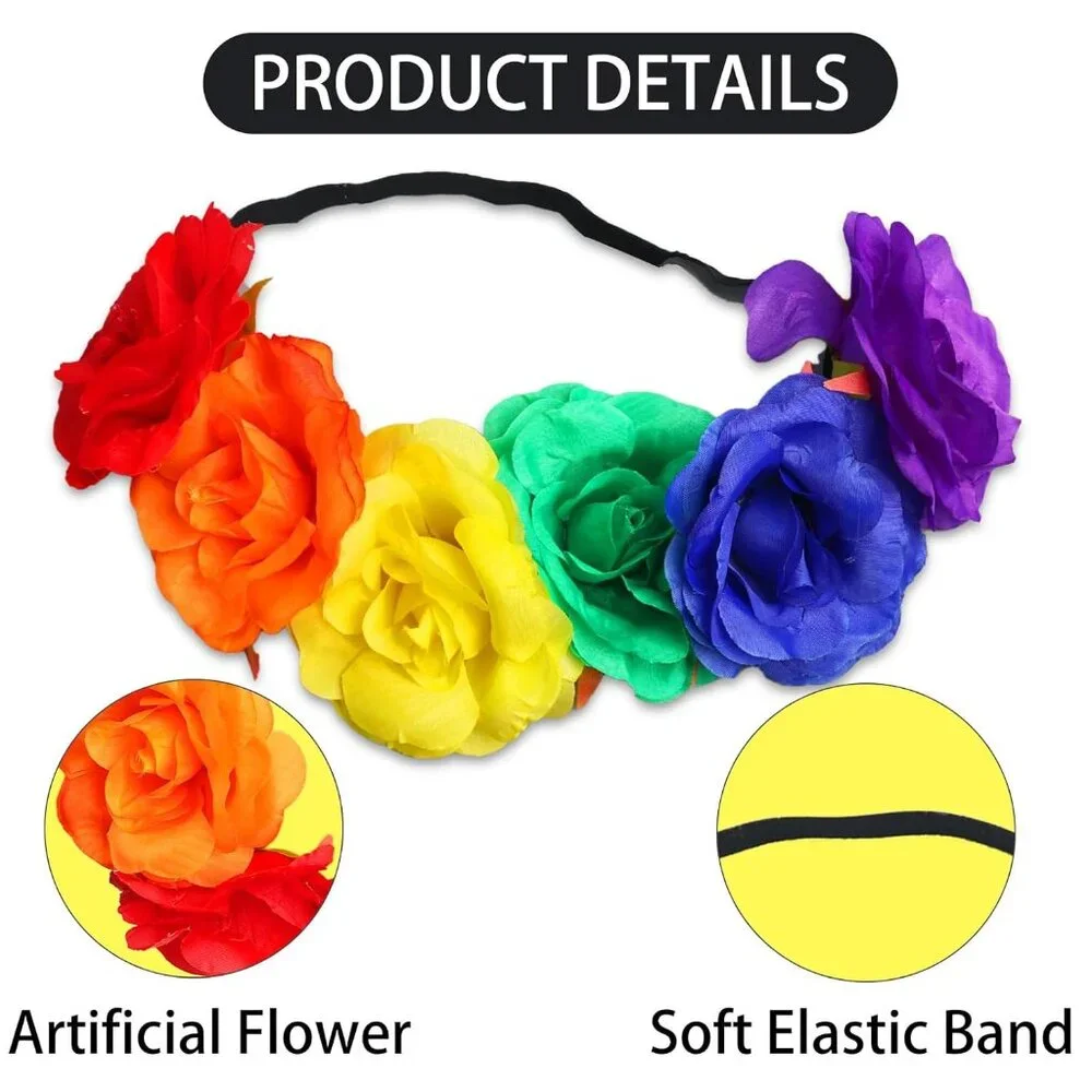 Rainbow Rose Floral Crown Headband for Women, Gay Pride Day Boho Outfits Party S - Picture 2 of 7